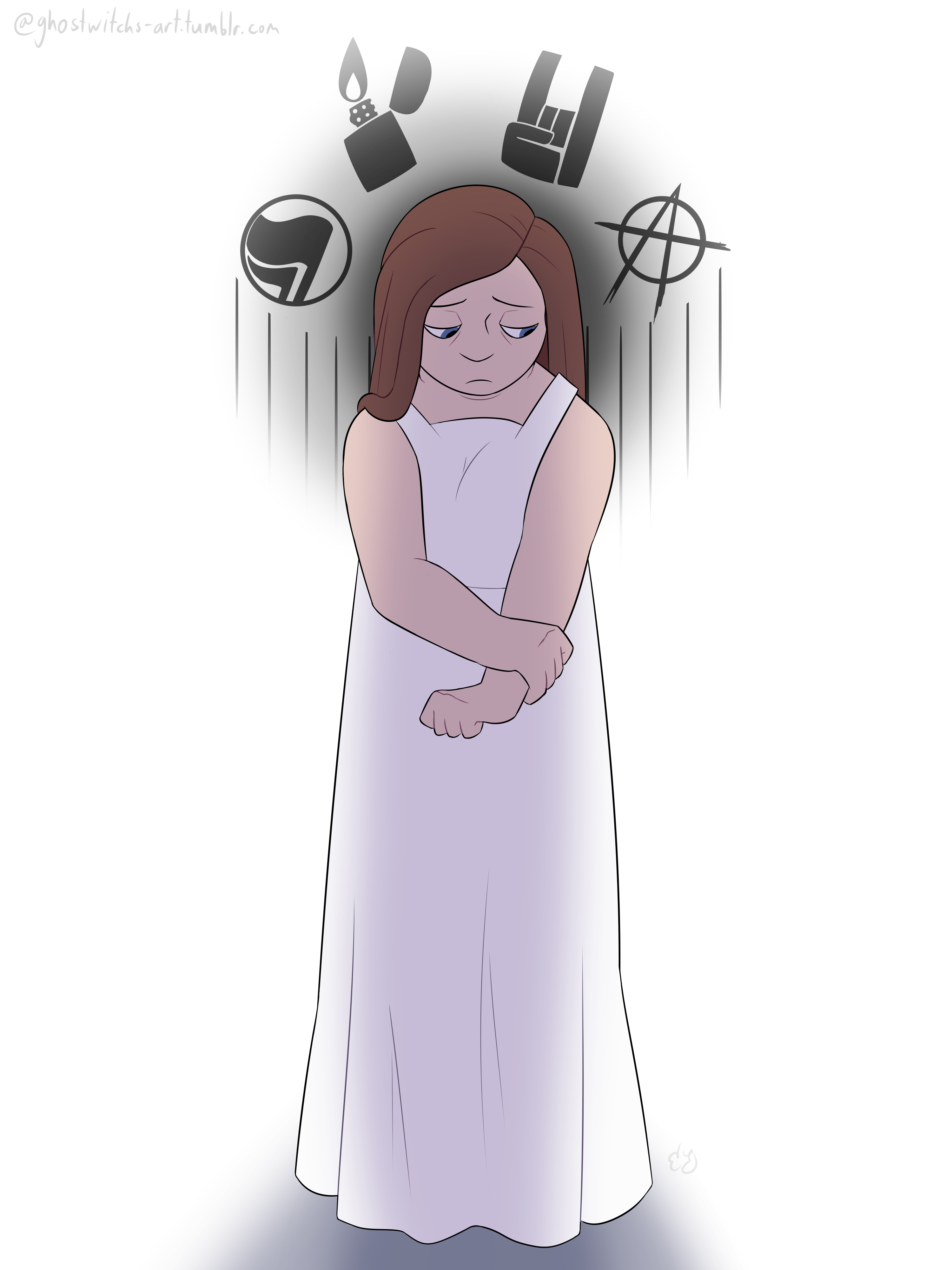 A lightly shaded painting of Meghan. This time, her hair is unbleached and unshaved, appearing a natural brown at shoulder length. She has no piercings, and is wearing a long white dress. She looks sad uncomfortable. A few punk-related symbols appear around her head, as if haunting her.